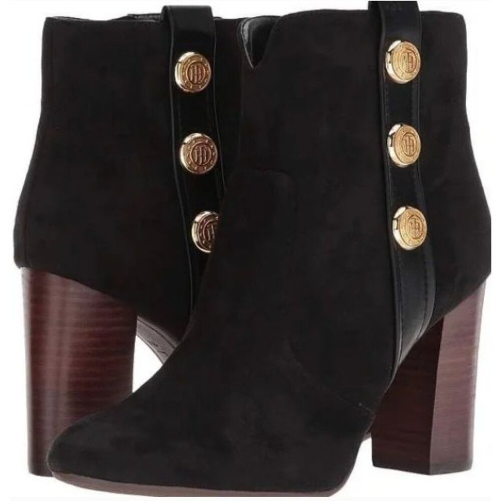 Tommy Hilfiger Domain 3 Black Suede Short Boots W/ Gold Buttons & Side Zippers S